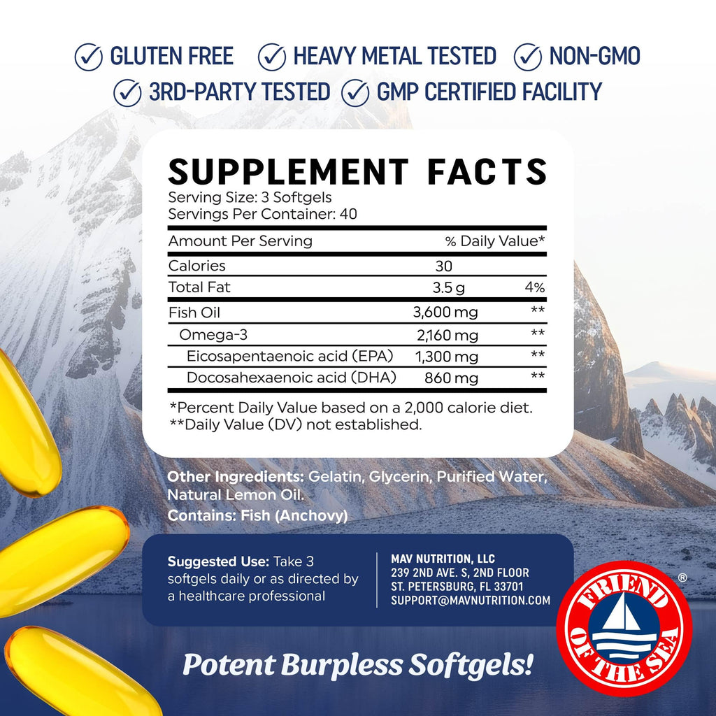 Triple Strength DHA Omega 3 Fish Oil 3600 mg | Over 2100mg Omega-3 Fatty Acids with 860mg of DHA | 1300mg EPA | Best Essential Fatty Acids | Premium Wild Caught & Burpless Fish Oil | 120 ct.