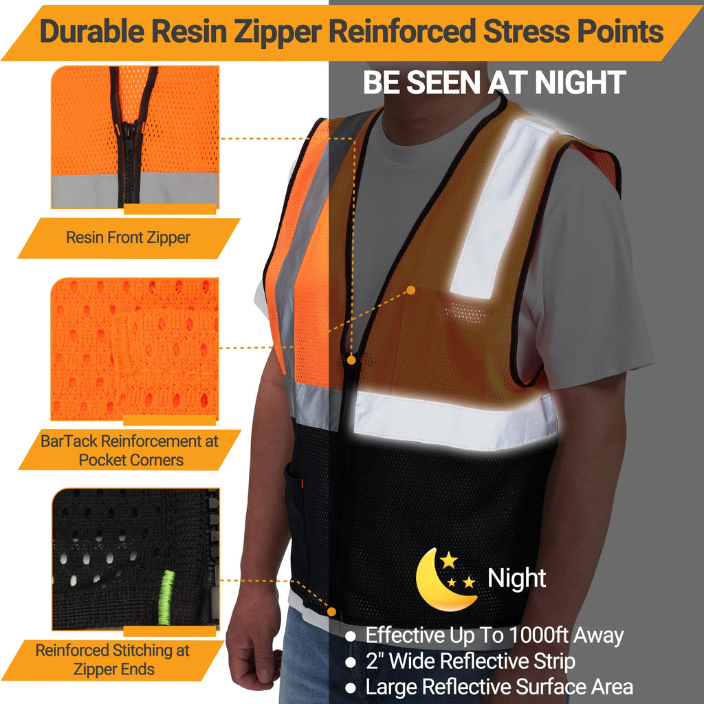 AYKRM 2 Pockets Orange black custom Mesh High Visibility Reflective Safety Vest for men & Women ANSI/ISEA 107 Standards