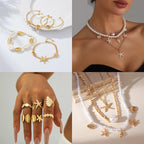Vieyomn 32 Pcs Starfish Seashell Jewelry Set for Women Layer Necklace Bracelets Stackable Shell Starfish Rings Stud Earrings Pearl Beach Vacation Accessories