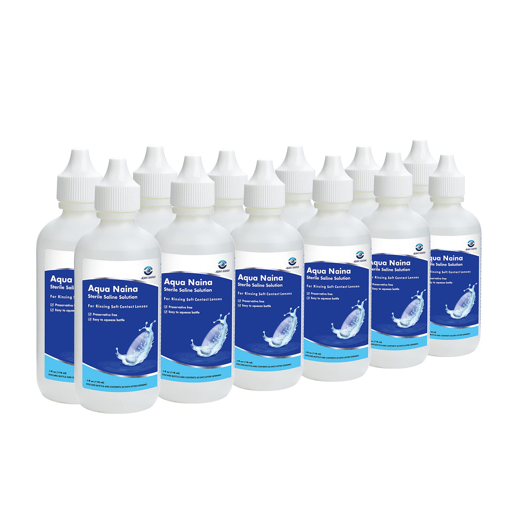 Oculus Curae Aqua Naina Saline Solution – Preservative-Free Sterile Rinse for Soft, Hard & Gas Permeable Contact Lenses – Unisol 4 Alternative – Travel-Friendly –12 x 4 fl Oz Bottles
