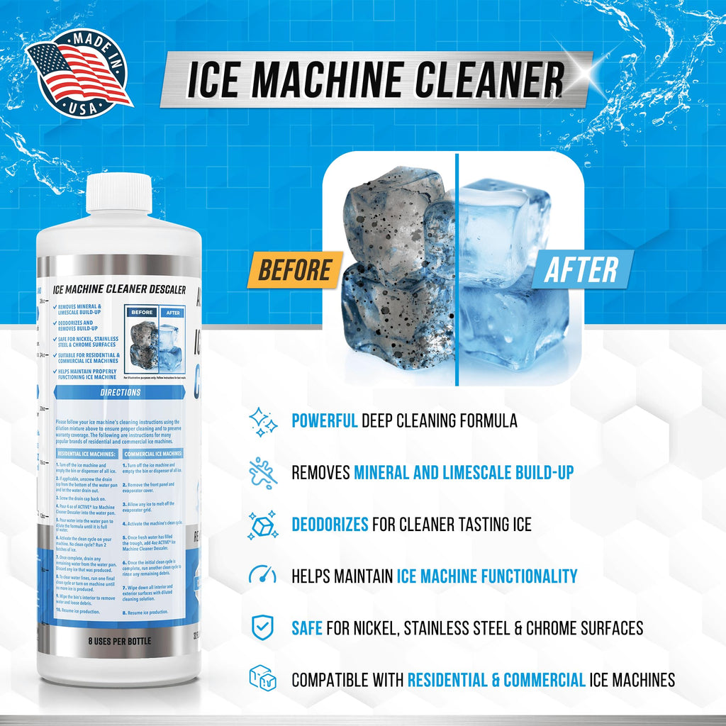 ACTIVE Ice Machine Cleaner Maker Descaler - 32 fl oz (8 Uses) Nickel Safe Ice Maker Cleaner Solution - Compatible with Whirlpool 4396808, Scotsman,Manitowoc,Hoshizaki, GE Opal Cleaning Kit - USA Made