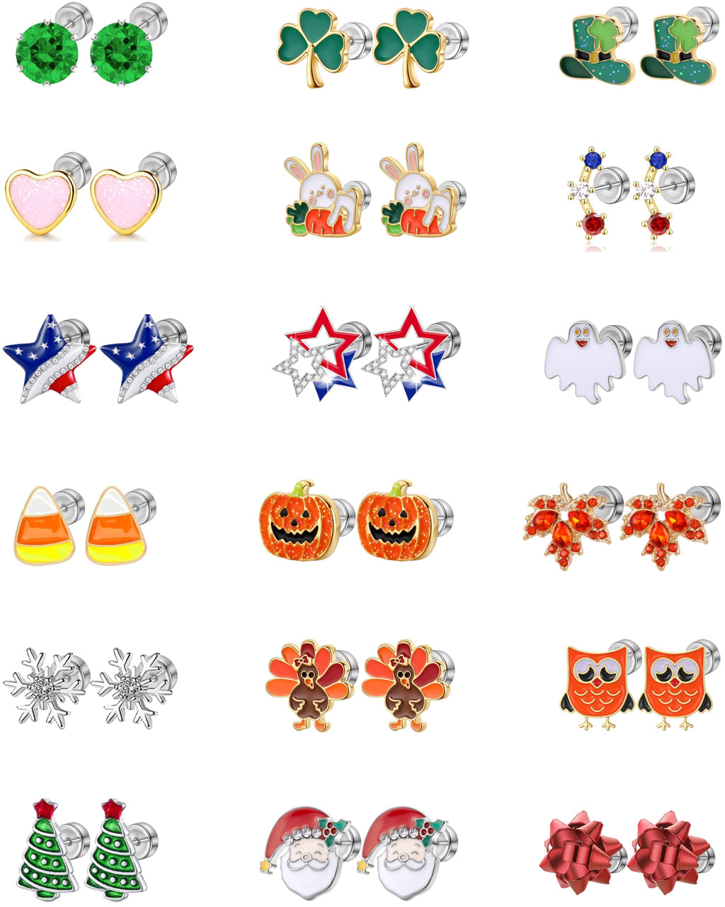 18 Pairs Hypoallergenic Flat Back Holiday Earrings Set for Girls Women