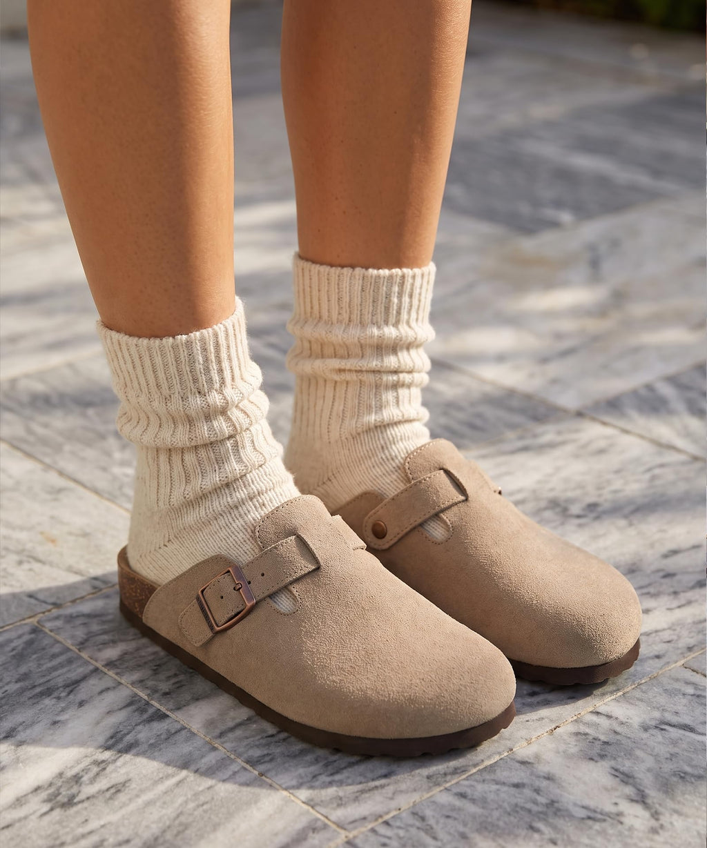 KIDMI Genuine Suede Clogs for Women Men Cork Footbed Mules Potato Shoes