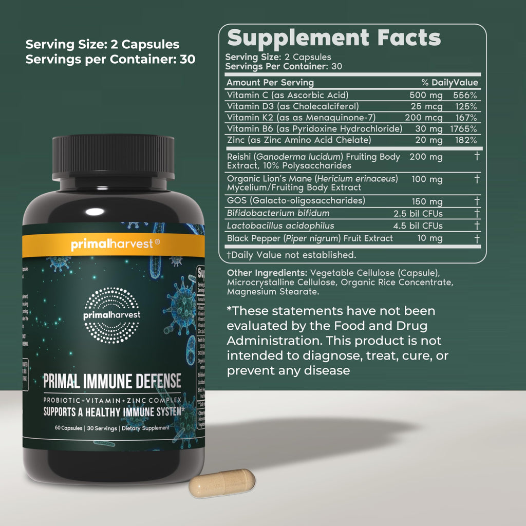 Primal Harvest Primal Immune Defense 10 in 1 Immune Support Supplement - 60 Capsules Immune Vitamins, with 7 Billion CFU Pre and Probiotics, Zinc, VIT C, B6, D3, K2