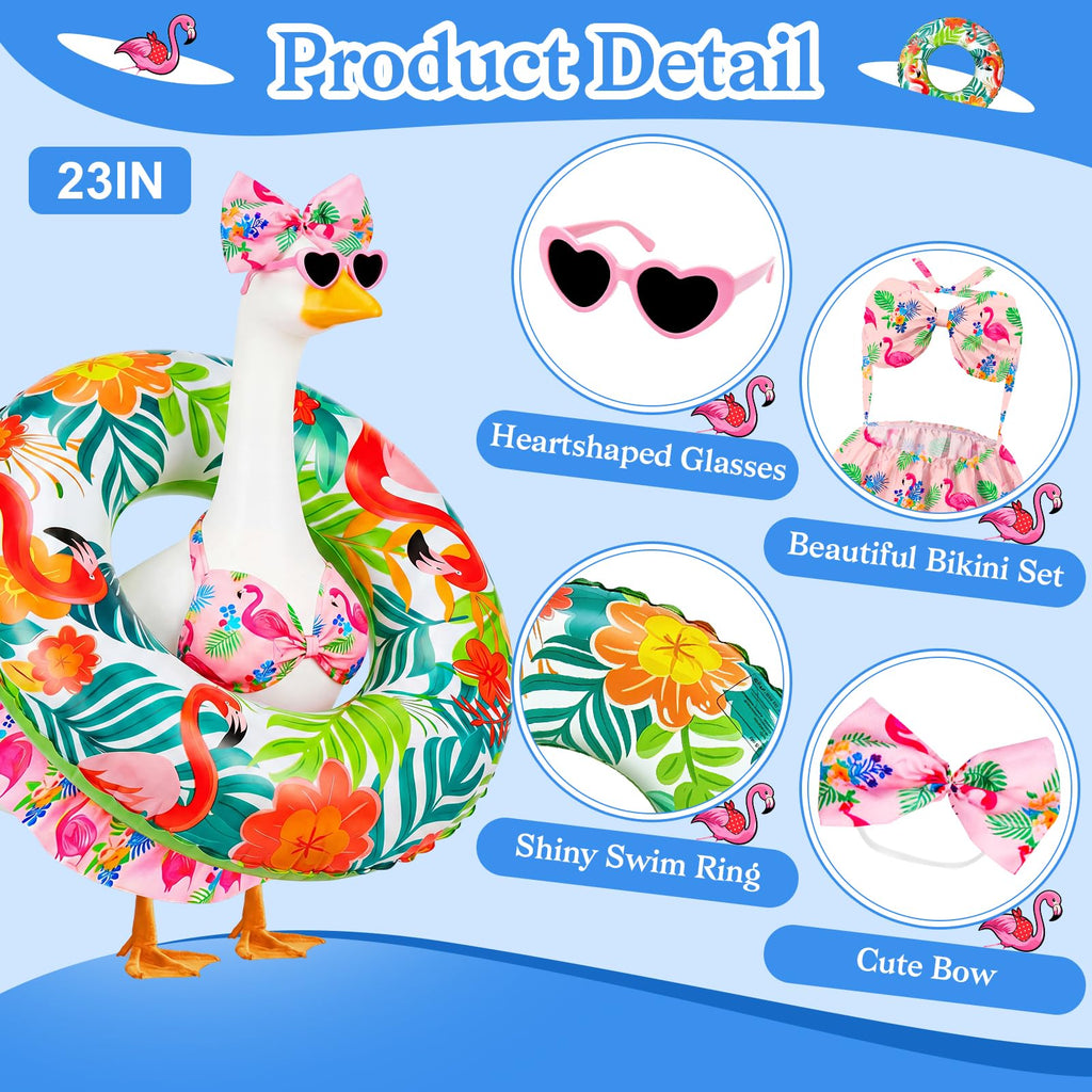 Ciyufavo 23 in Porch Goose Summer Outfit Bikini, Hawaiian Porch Goose Swimsuit Clothes Costume Accessories with Bow Glasses Swim Ring for 23" Summer Goose Garden Patio Statue Decor (Flamingos)