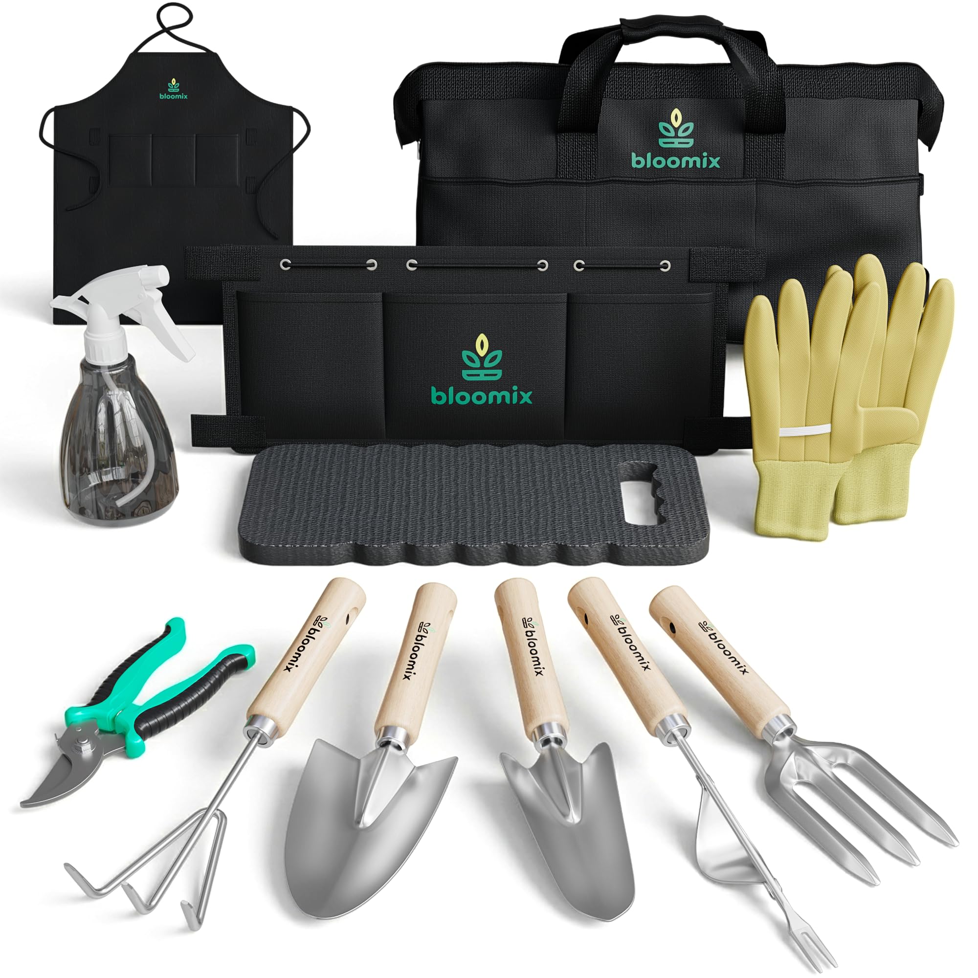 Bloomix 12Pcs Gardening Tools Set - Heavy Duty Garden Tools Set with Tool Bag, Kneeling Pad, Apron & More Garden Accessories - Stainless Steel Plant Care Kit Supplies, Gardening Gifts for Women Men