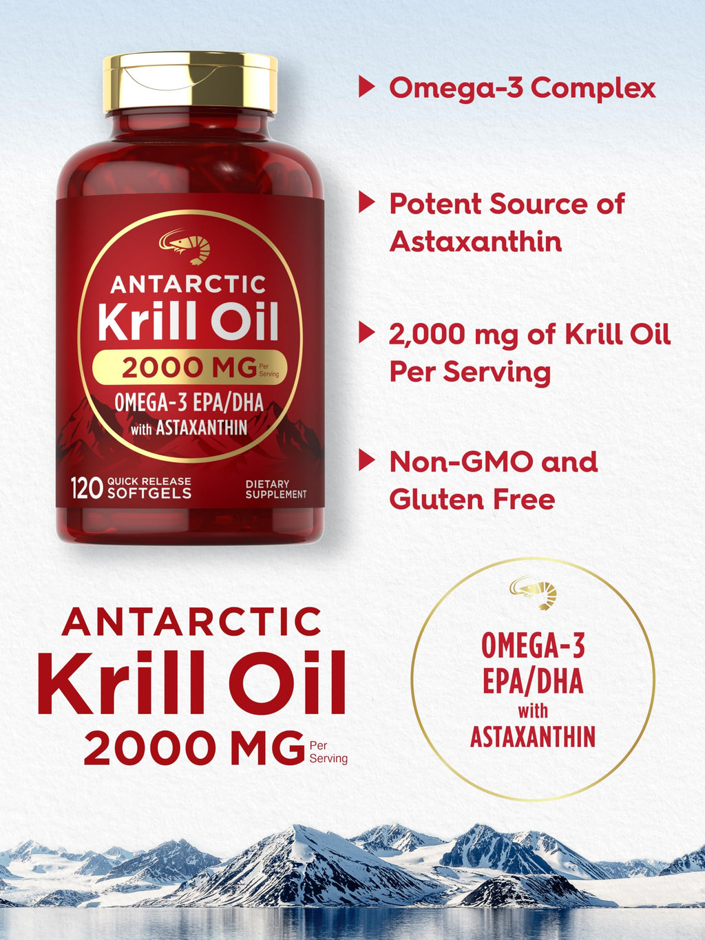 Carlyle Antarctic Krill Oil 2000 mg 120 Softgels | Omega-3 EPA, DHA, with Astaxanthin Supplement Sourced from Red Krill | Maximum Strength | Laboratory Tested