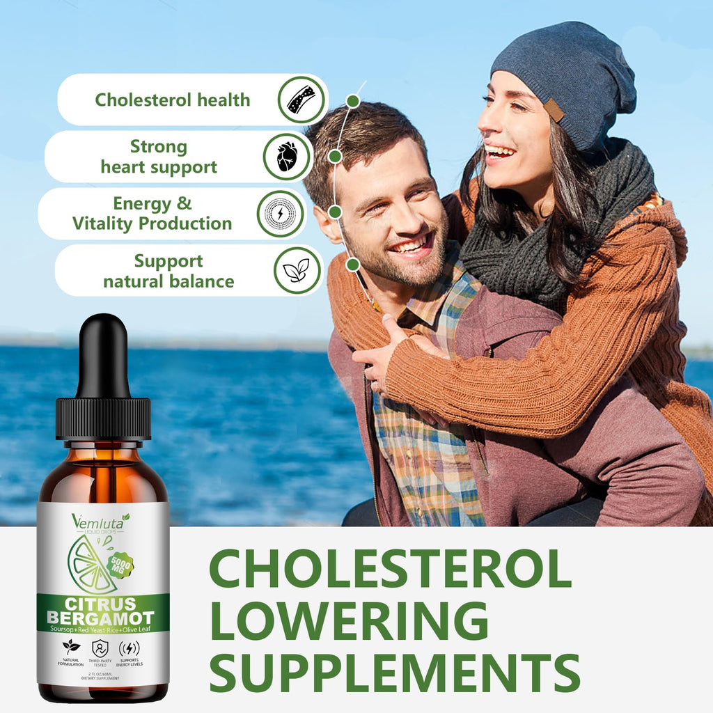2 Packs 5000mg Citrus Bergamot Liquid Drops-2X Absorption- Cholesterol Lowering Supplement w Soursop, Red Yeast Rice, Olive Leaf, Hight Cholesterol -Soursop Bitters Liquid-Heart & Immune Support