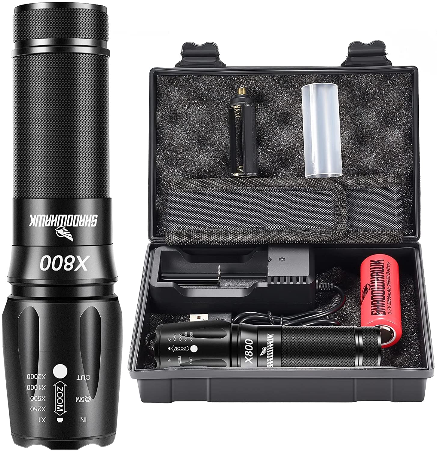 Shadowhawk X800 300000 Lumens Torches LED Super Bright Rechargeable, Powerful Bright Torch Flashlight, LED Torches Battery Powered Waterproof for Outdoor Gift