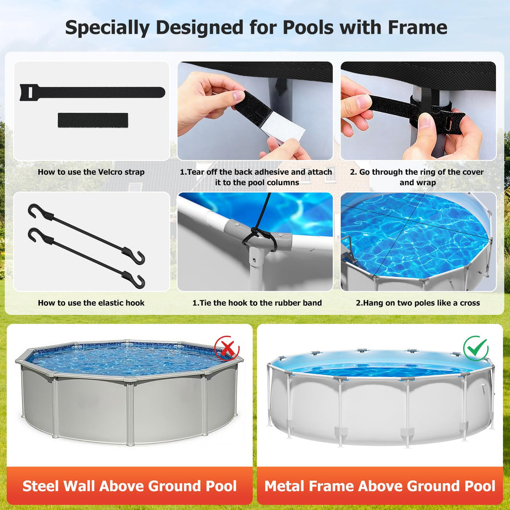 14 Ft Round Pool Cover for Metal Frame Above Ground Pools - Upgraded Windproof Design Compatible with Intex/Bestway Frame Above Ground Outdoor Swimming Pool (Black)