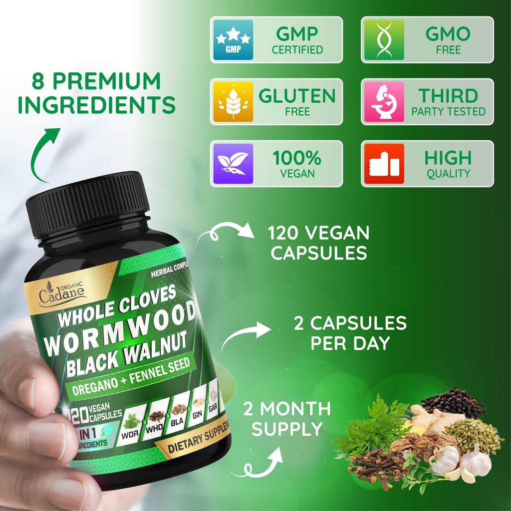Cadane Wormwood Whole Cloves Black Walnut with Ginger, Garlic, Oregano, Fennel & Black Pepper | Digestive & Wellness Support | 120 Capsules – 60-Day