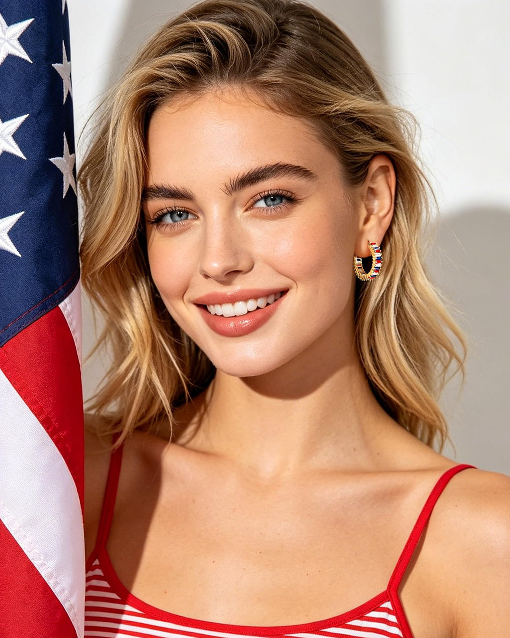 GLOQUAT American Flag Hoop Earring 14K Gold Plated Patriotic 4th of July Hoops for Women 925 Silver Post Flag Earrings Gold Hoops for Women Trendy Ole Miss Earring Red White and Blue Hoop Jewelry