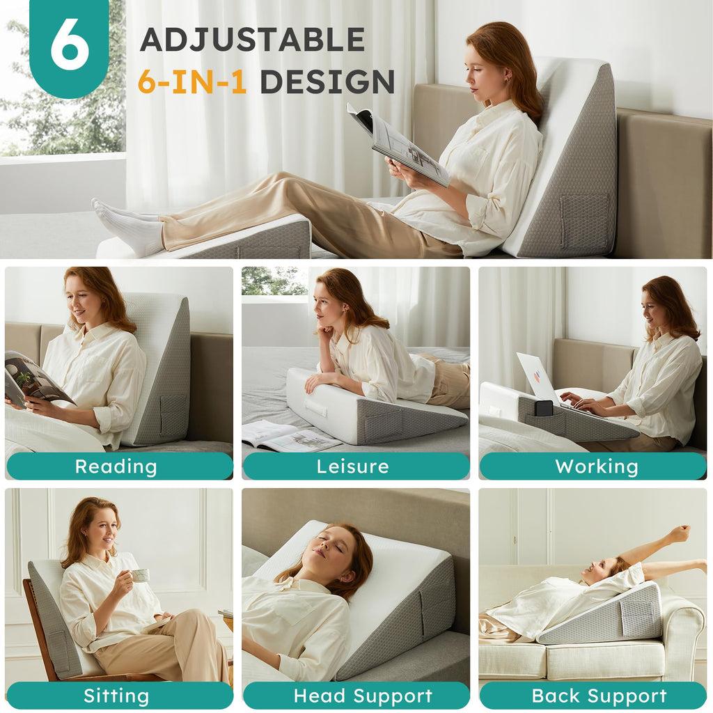 Bedluxe Wedge Pillow, 10 inch Bed Wedge Pillow for Headboard, Pillow Wedge for Acid Reflux Relief, Sleeping, Back Pain Relief, Snoring, Triangle Pillow Wedge, White/Grey