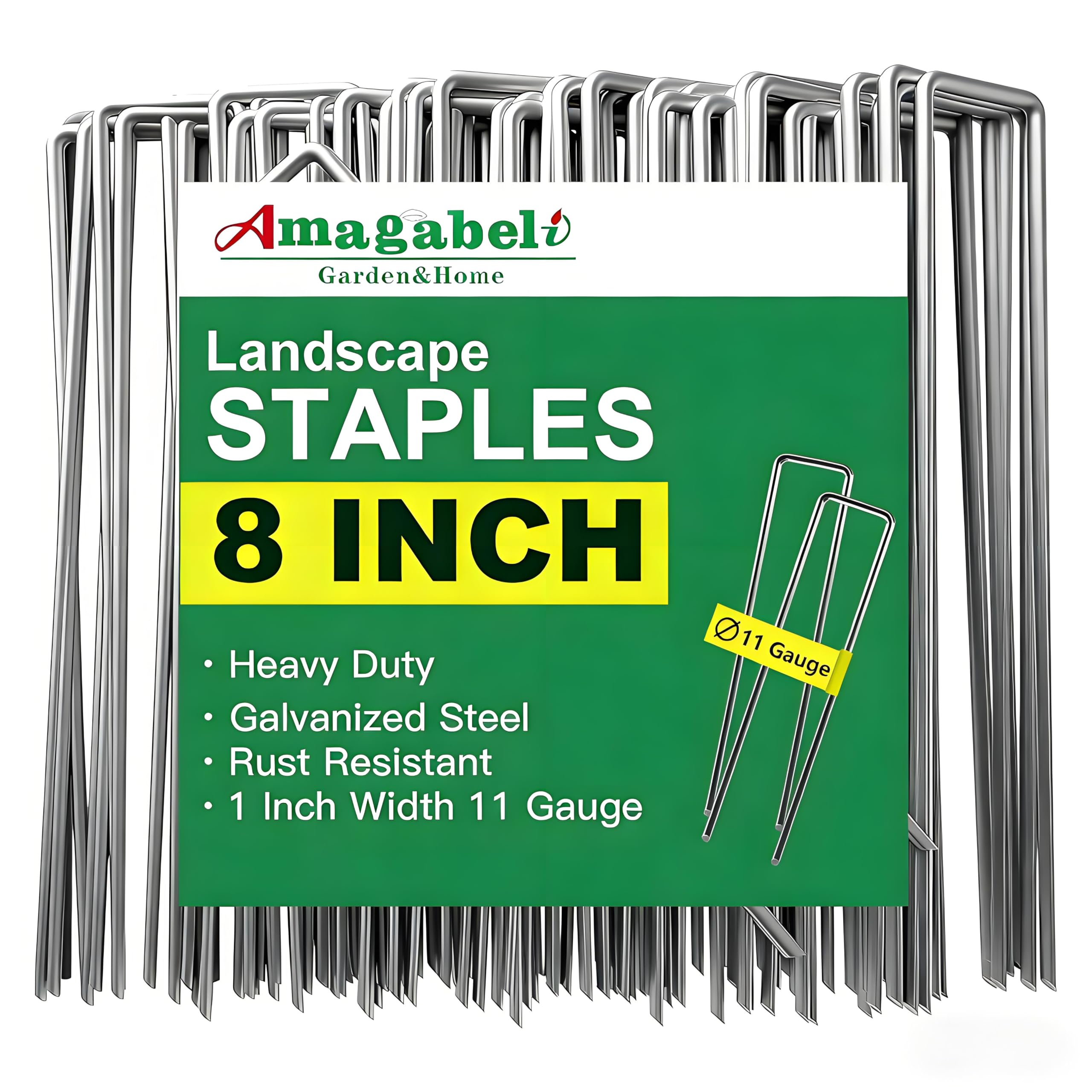 AMAGABELI 8 Inch 200 Pack Galvanized Landscape Staples 11 Gauge Anti-Rust Heavy Duty Garden Stakes Plant Cover Spikes U-Shaped Sod Pins Fence Stakes for Weed Barrier,Irrigation Tubing,Lawns,Decoration