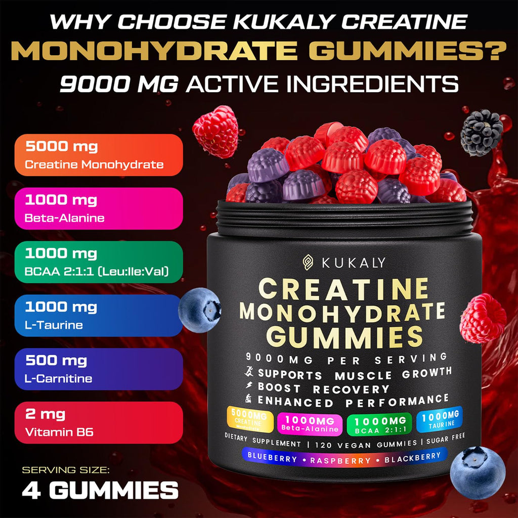 kukaly Creatine Monohydrate Gummies for Men & Women, 9000MG Creatine Gummies Sugar Free - Mixed Flavored with L-Taurine, BCAA 2:1, B12 B6 for Boost Strength, Focus & Endurance, Vegan, Non-GMO, 120pcs
