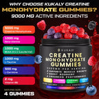 kukaly Creatine Monohydrate Gummies for Men & Women, 9000MG Creatine Gummies Sugar Free - Mixed Flavored with L-Taurine, BCAA 2:1, B12 B6 for Boost Strength, Focus & Endurance, Vegan, Non-GMO, 120pcs