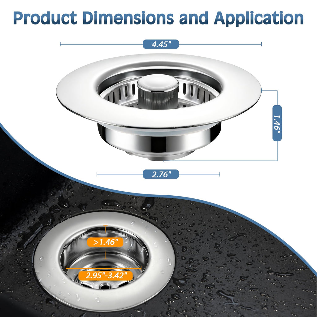 Kitchen Sink Drain Strainer 2 Pack, 304 Stainless Steel Pop Up Sink Stopper, Anti-Clogging Sink Drain Strainer for US Standard Kitchen Drain (Chrome)