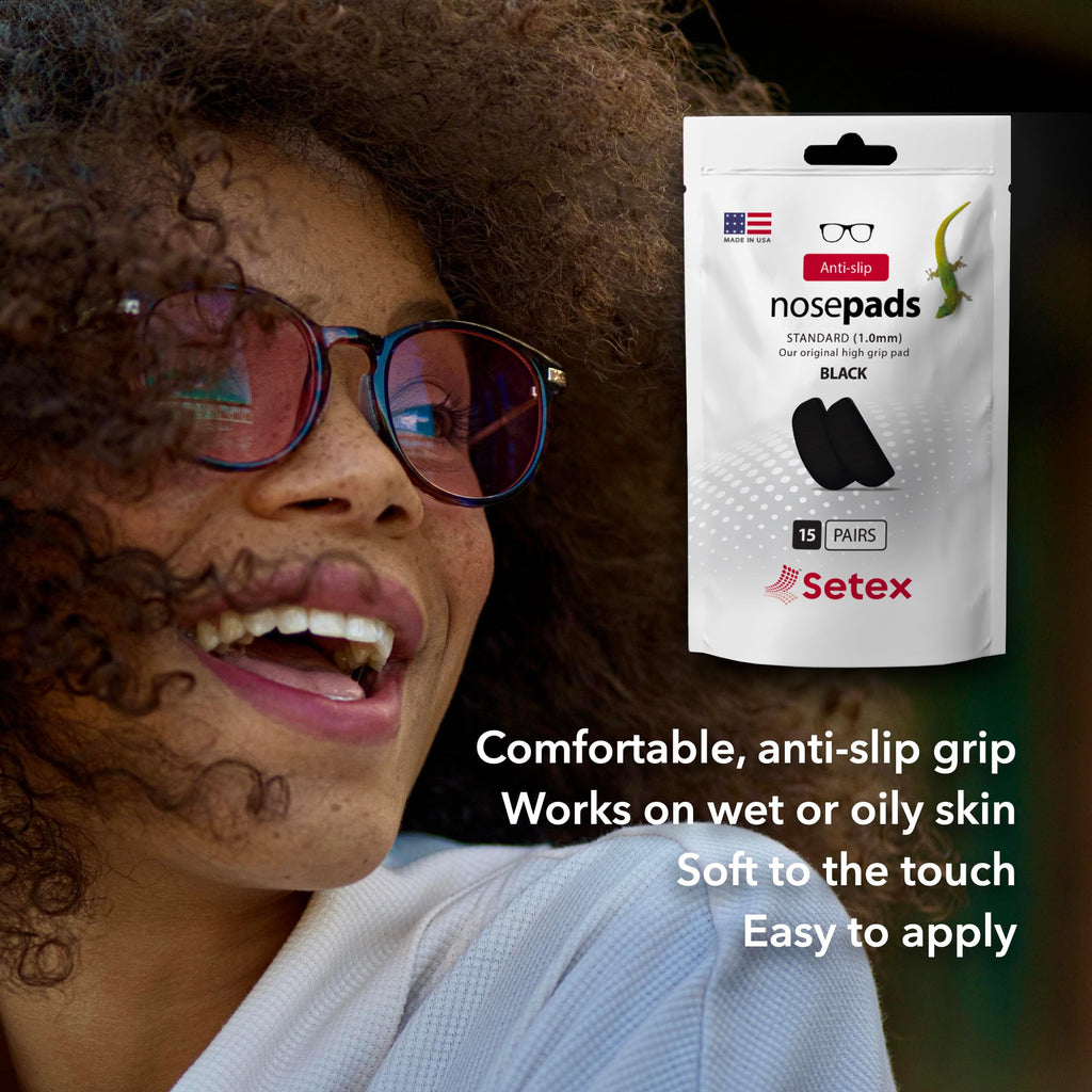 Setex Gecko Grip 1mm Anti Slip Eyeglass Nose Pads, (Bulk Pack 15 Black Pair) USA Made, 2500 Innovative Microstructured Fibers per Nose Pad, 1mm x 7mm x 16mm