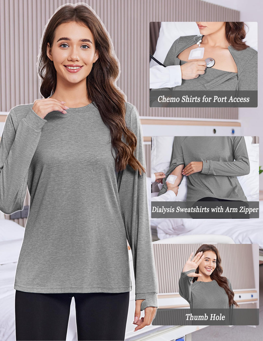 Deyeek Port Shirts for Women Chemo Patients Dialysis Sweatshirts with Arm Zipper Tear Away Long Sleeve Chemotherapy Must Haves Light Gray L