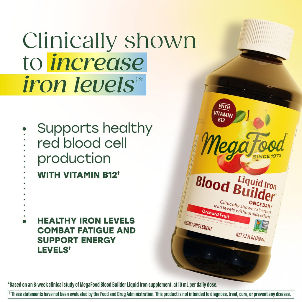 MegaFood Blood Builder Liquid Iron Supplement for Women, Men & Kids, Clinically Shown to Increase Iron Levels Without Constipation, Vegan, 7.7 Fl Oz (23 Servings)