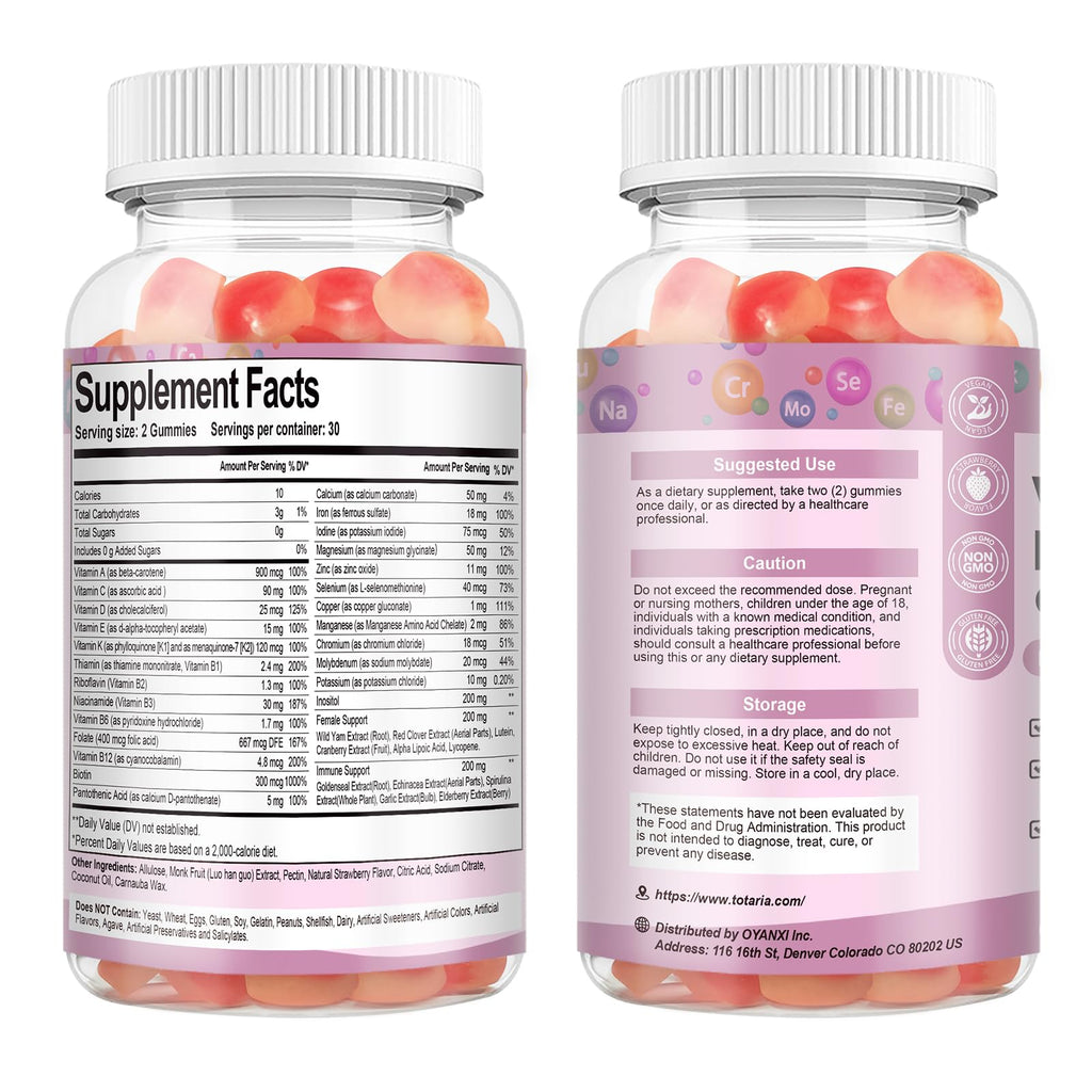 Totaria Sugar Free Multivitamin Gummies for Women 14+ w/Iron, Inositol, Folate, Biotin, Womens Daily Multivitamin Gummy w/Vitamin A, C, B, D3, K2, for Hair, Skin, Energy, Immune, Strawberry Flavor