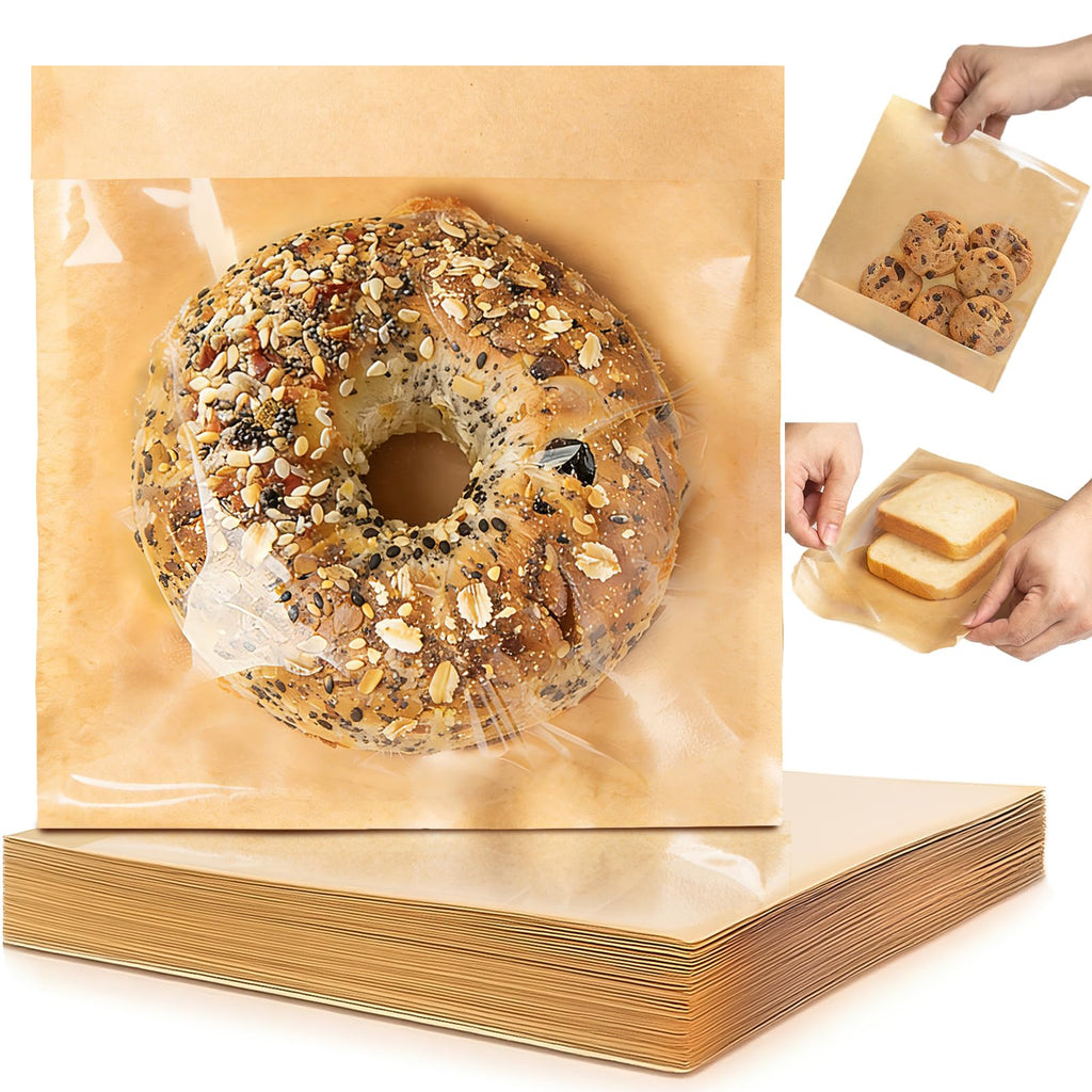 200 Self Sealing Sandwich Bags with Window, Paper Cookie Bags with Seal, Grease Resistant To Go Bakery Sleeves for Packaging Bagels, Donuts, Scone, Brownie, Small Pastries and other Treats