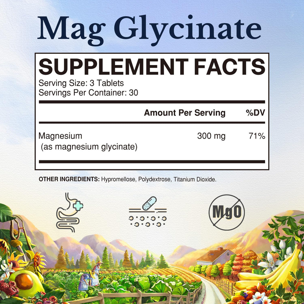 Vitalitown Magnesium Glycinate | Chelated, Non Buffered 300mg Elemental Magnesium | Most Bioavailable, Fully Reacted | Bone, Calm, Relaxation, Heart Health | 90 Tablets, Non-GMO