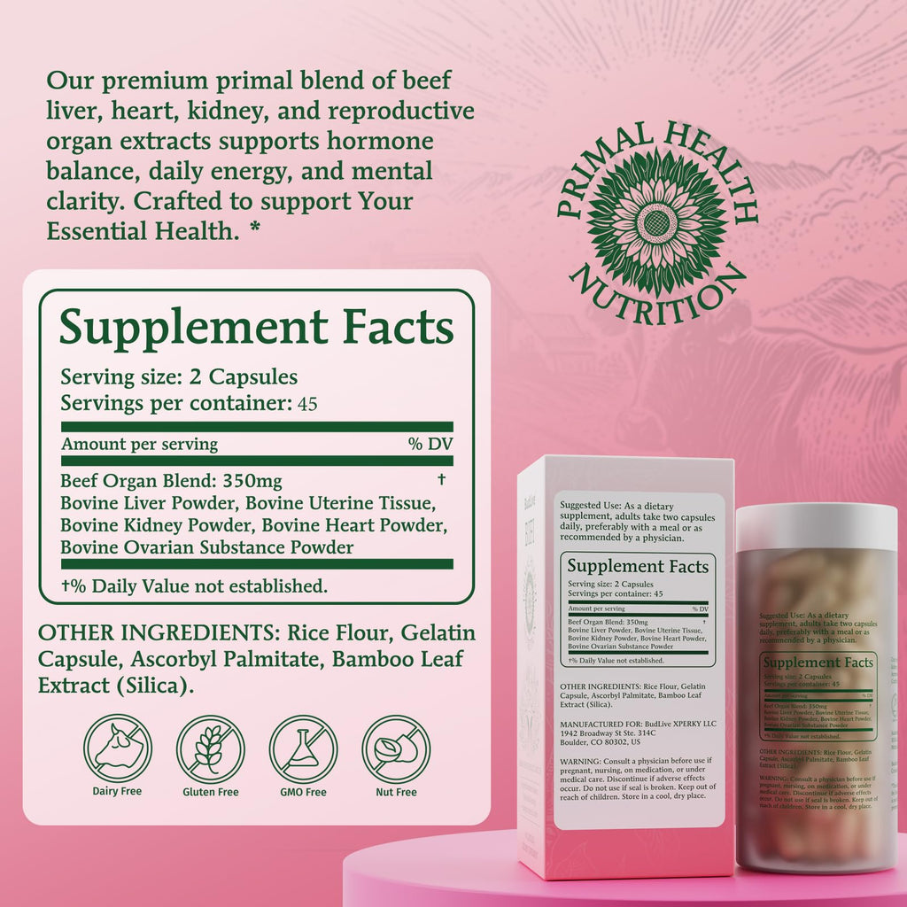 BudLive Beef Organ Supplement for Women – 100% Grass-Fed & Pasture Raised [Ovary, Liver, Spleen, Kidney & Heart] Primal Nutrition for Hormone Support, Energy & Wellness, 90 Capsules