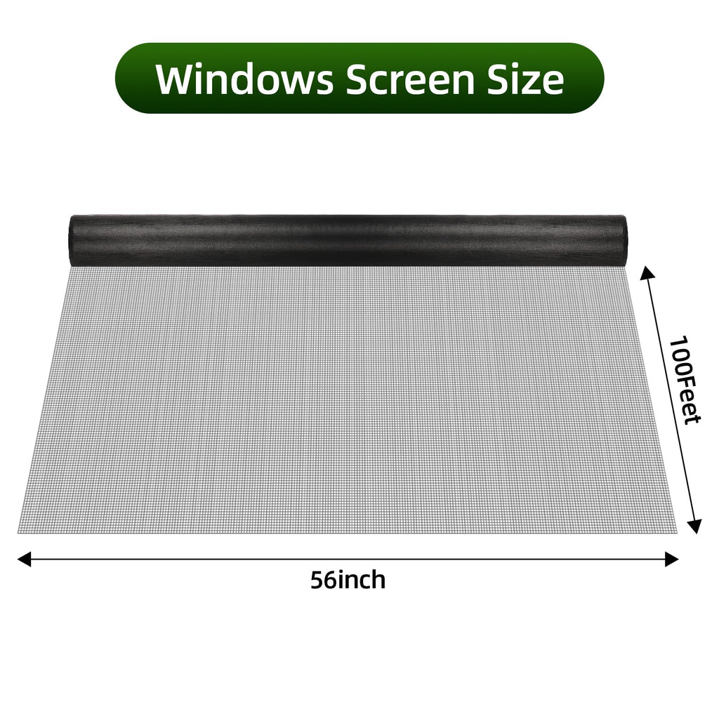 56Inch x 100Feet Window Screen Mesh Roll and Durable Screen Door Replacement, Window Mesh Screen Roll for Windows (Black)