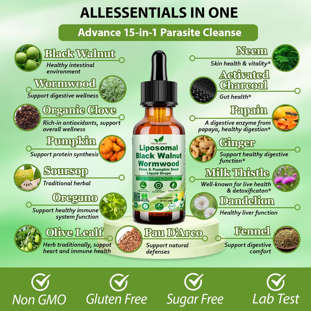 Wormwood Black Walnut Clove Cleanse Drops for Human, 15-in-1 Triple-Action Gut Detox & Digestive Wellness Organic Liquid Tincture w. Soursop PAU DArco Oil of Oregano, Elimination Detox Cleanse