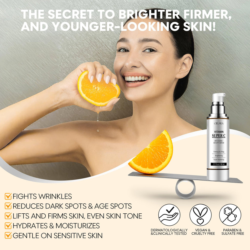 CIELARA Vitamin C Serum for Face, Anti Aging 20% Super C Serum With Vit C Hyaluronic Acid, Vitamin E, Peptides, Collagen Wrinkle Serume for Dark Spot, tighten, firming, lift, Brightening-1.7 Fl Oz