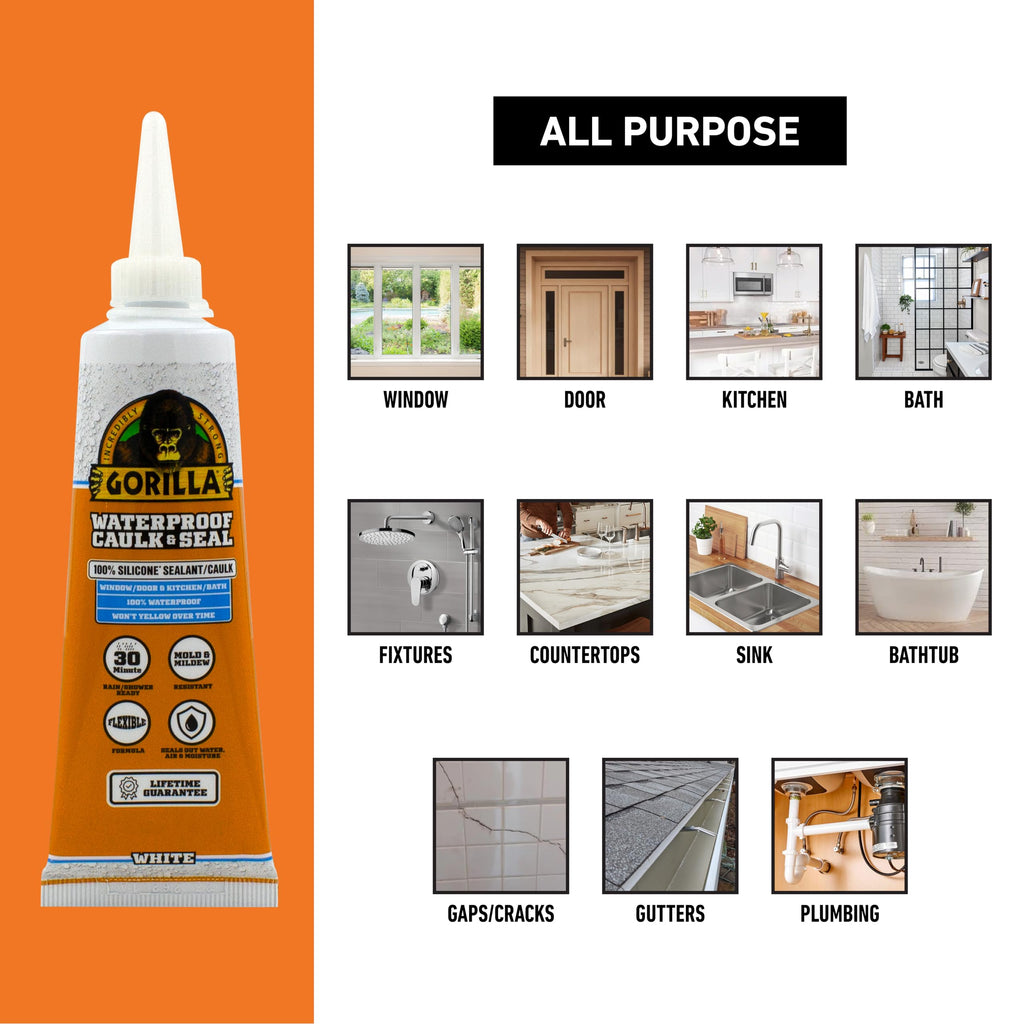 Gorilla 100% Silicone Caulk, Waterproof Sealant, 2.8oz Squeeze Tube, White