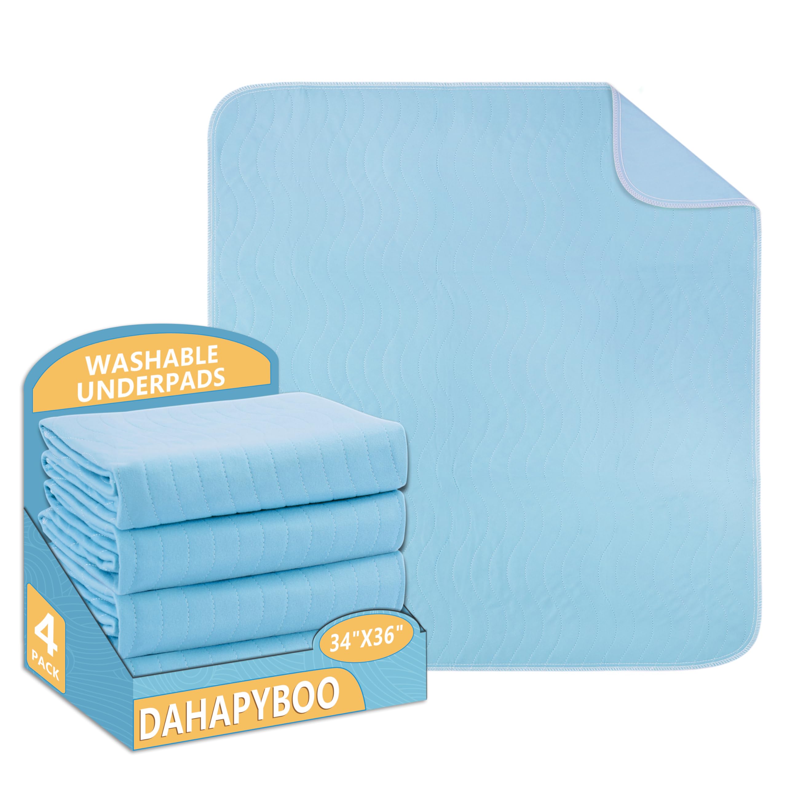 DAHAPYBOO Washable Underpads, 34”x36” 4Pack Incontinence Bed Pads,Heavy Absorbency Reusable Bed Pads for Elderly,Kids,Adults and Pets,Bed Pads Washable Waterproof Quick Drying for Bed, Sofa, Floor