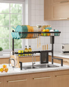 Sakugi 2-Tier Over the Sink Dish Drying Rack, 30"-33.9" L, Black