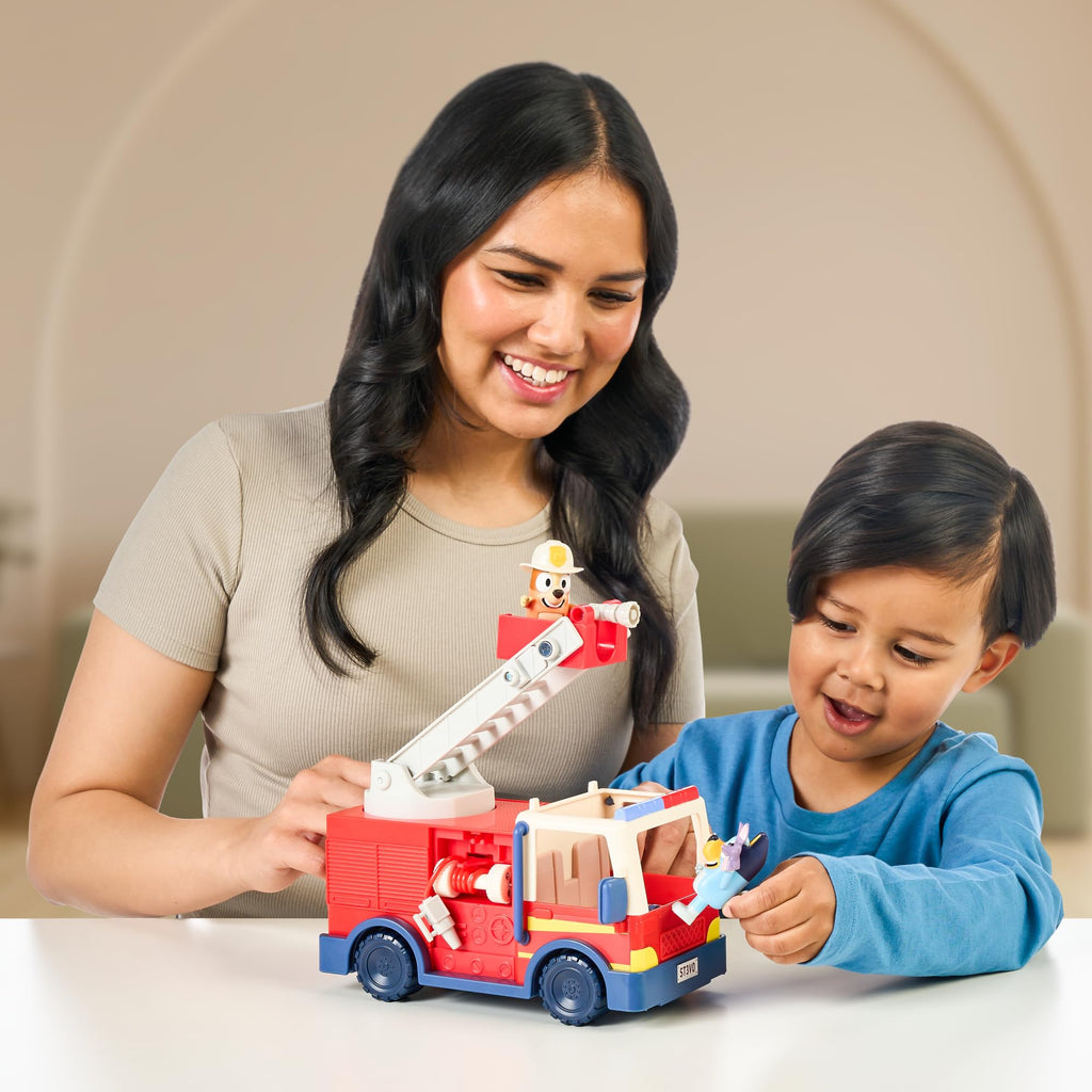 Bluey Firetruck Toy with Firefighter Bingo, Bob Bilby Figures | Extendable Ladder & Hose | Includes Stickers - Perfect for Kids Ages 3+