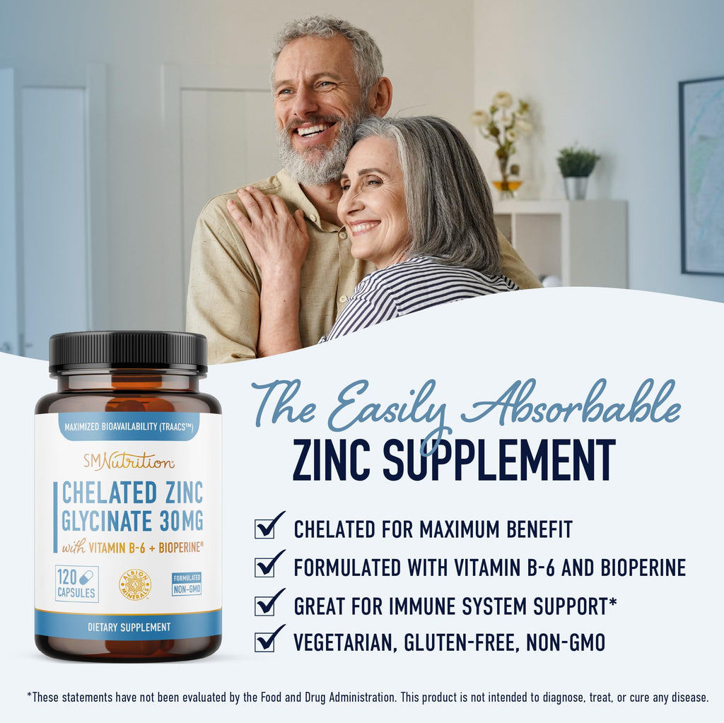Chelated Zinc Supplements | Zinc Glycinate 30mg | Highly-Absorbable TRAACS Chelated Bisglycinate, Vitamin B6 and BioPerine | Immune Support, Acne & Energy | Non-GMO, Gluten-Free | 120 Capsules