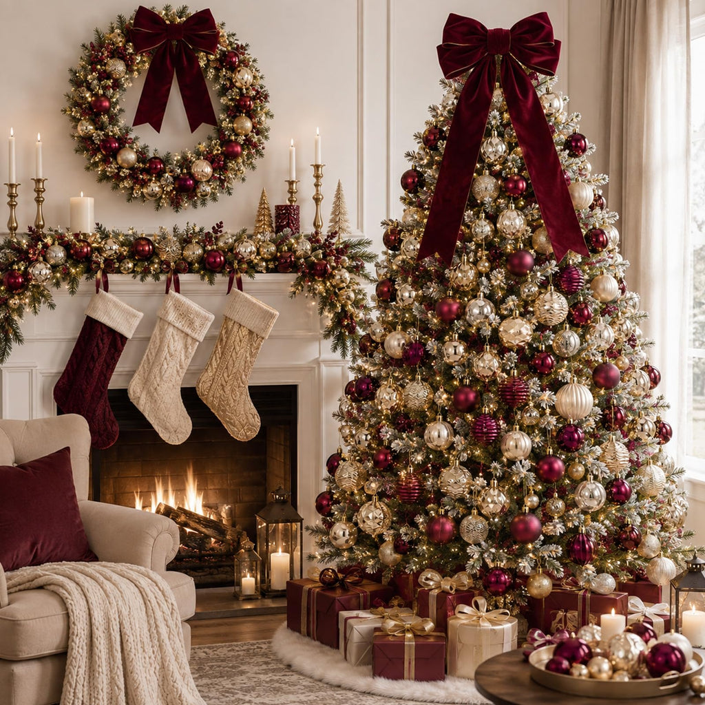 Lunmon 64 Pcs Burgundy and Gold Christmas Ball Ornament 1.57/1.97/2.36 Inch