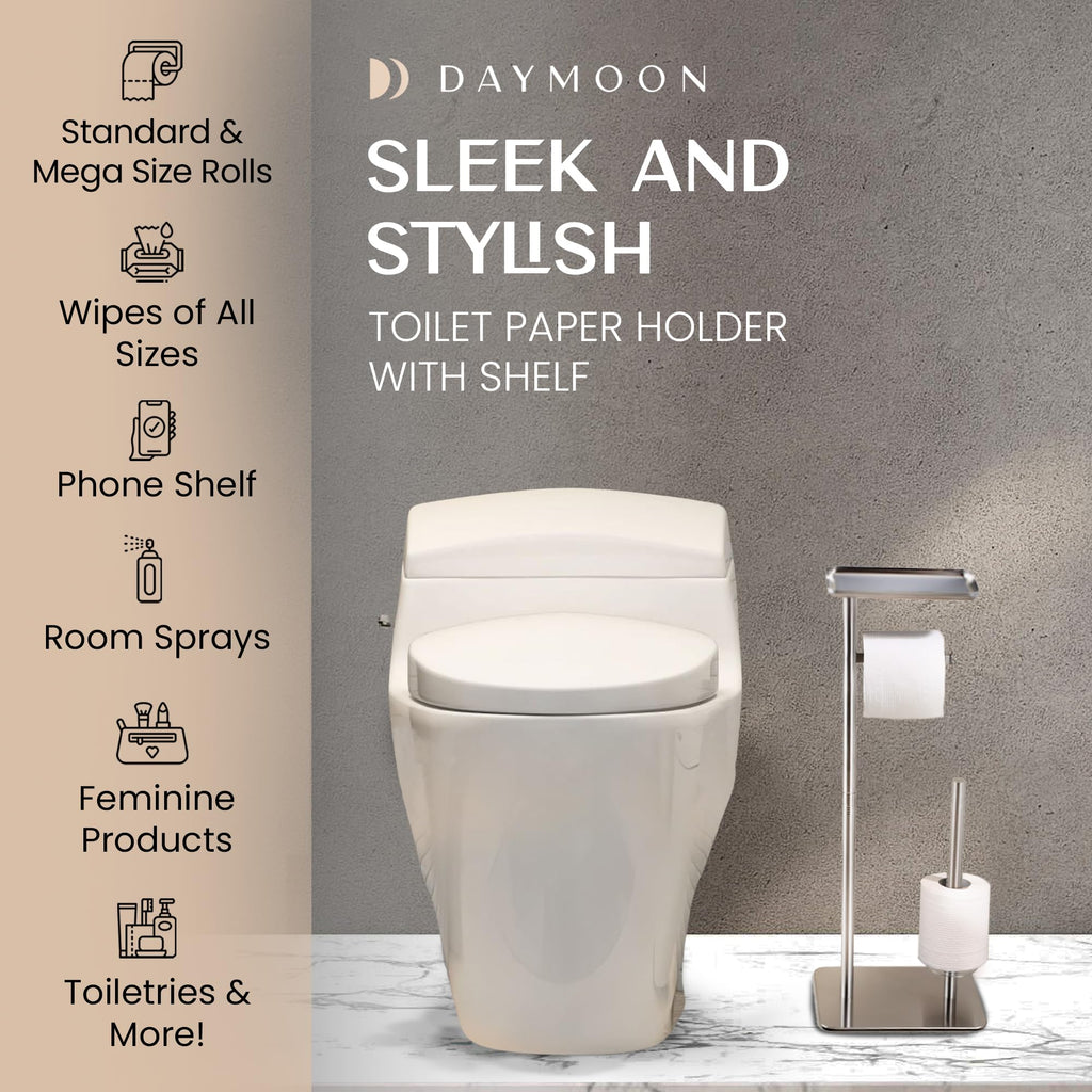 Day Moon™ - Toilet Paper Holder - Modern Roll Holder for Bathroom - 1 Pack - Free Standing - with Shelf, Brushed Nickel