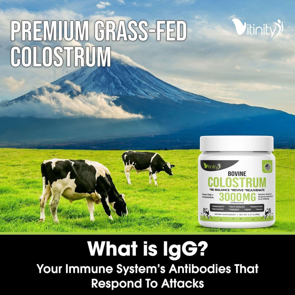 VITINITY Grass Fed Bovine Colostrum Powder for Humans 3000 mg - Natural IgG Colostrum Supplement Gut Health, Immune Support, Muscle Recovery, Wellness | Pure Colostrum Superfood,Unflavored 2 Pack