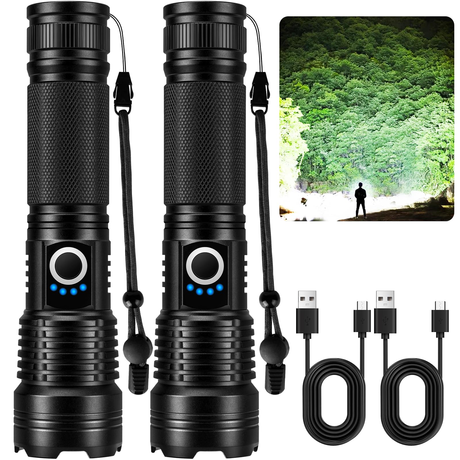 MILAOSHU Rechargeable Flashlights 90000 High Lumens - 2 Pack, Super Bright LED Flashlight Rechargeable with 5 Light Modes, High Powered & IPX7 Waterproof Flash Light for Camping, Home