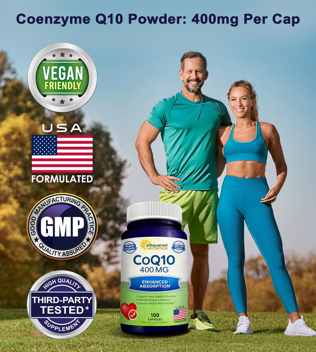 aSquared Nutrition CoQ10 (400mg Max Strength, 100 Veggie Capsules) - High Absorption Coenzyme Q10 Powder - Ubiquinone Supplement Pills, Extra Antioxidant CO Q-10 Enzyme Vitamin Tablets, Coq 10 400 mg