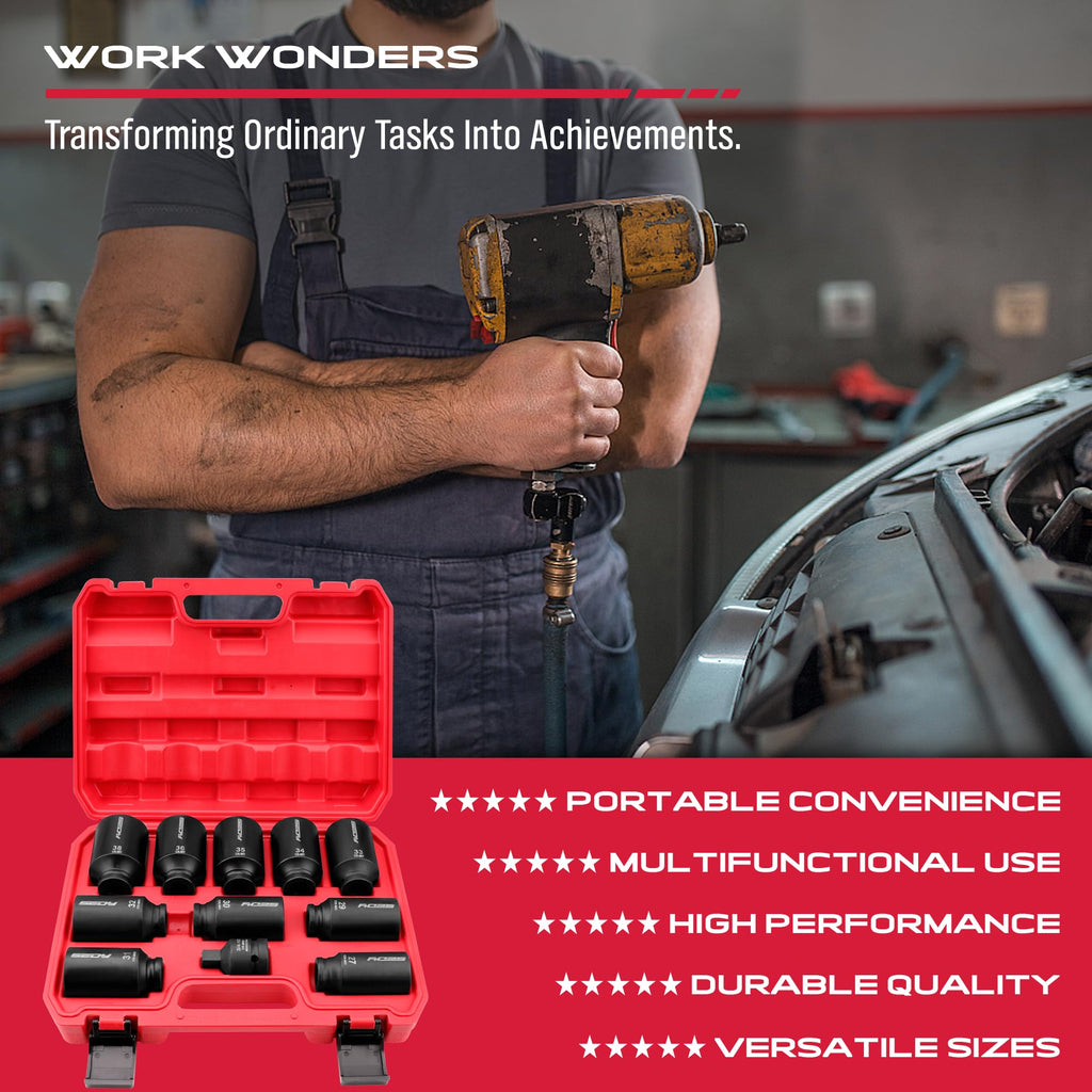 1/2 Drive Deep Impact Socket Set: 11-Piece Metric Size Wheel Axle Nut Wrench Metric Large Jumbo 27mm 29mm 30mm 31mm 32mm 33mm 34mm 35mm 36mm 38mm Spindle Joint High Torque Truck Bearing Locknut