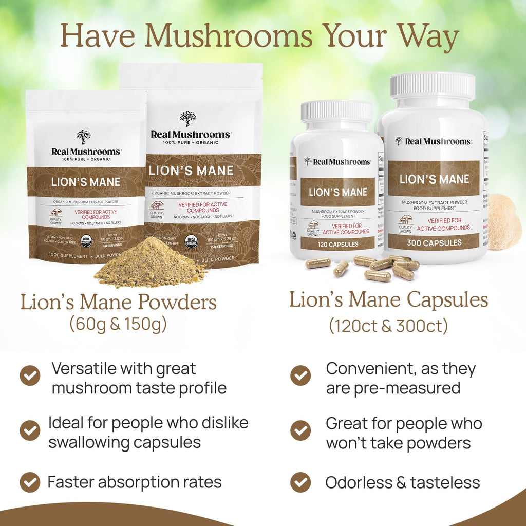 Real Mushrooms Lion’s Mane Powder - Organic Lions Mane Mushroom Extract for Cognitive Function & Immune Support - Brain Supplements for Memory and Focus - Vegan Mushroom Supplement, 150 Servings