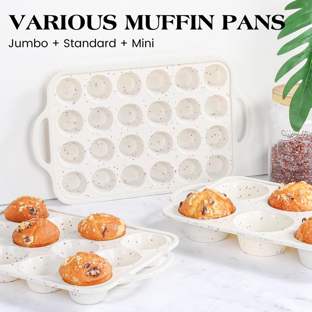 AOTASO 2 Pcs Silicone Muffin Pan for Baking with Metal Frame, Nonstick 12 Cup Regular Size Cupcake Pan, Silicone Muffin Tray for Egg Bites (Cream)