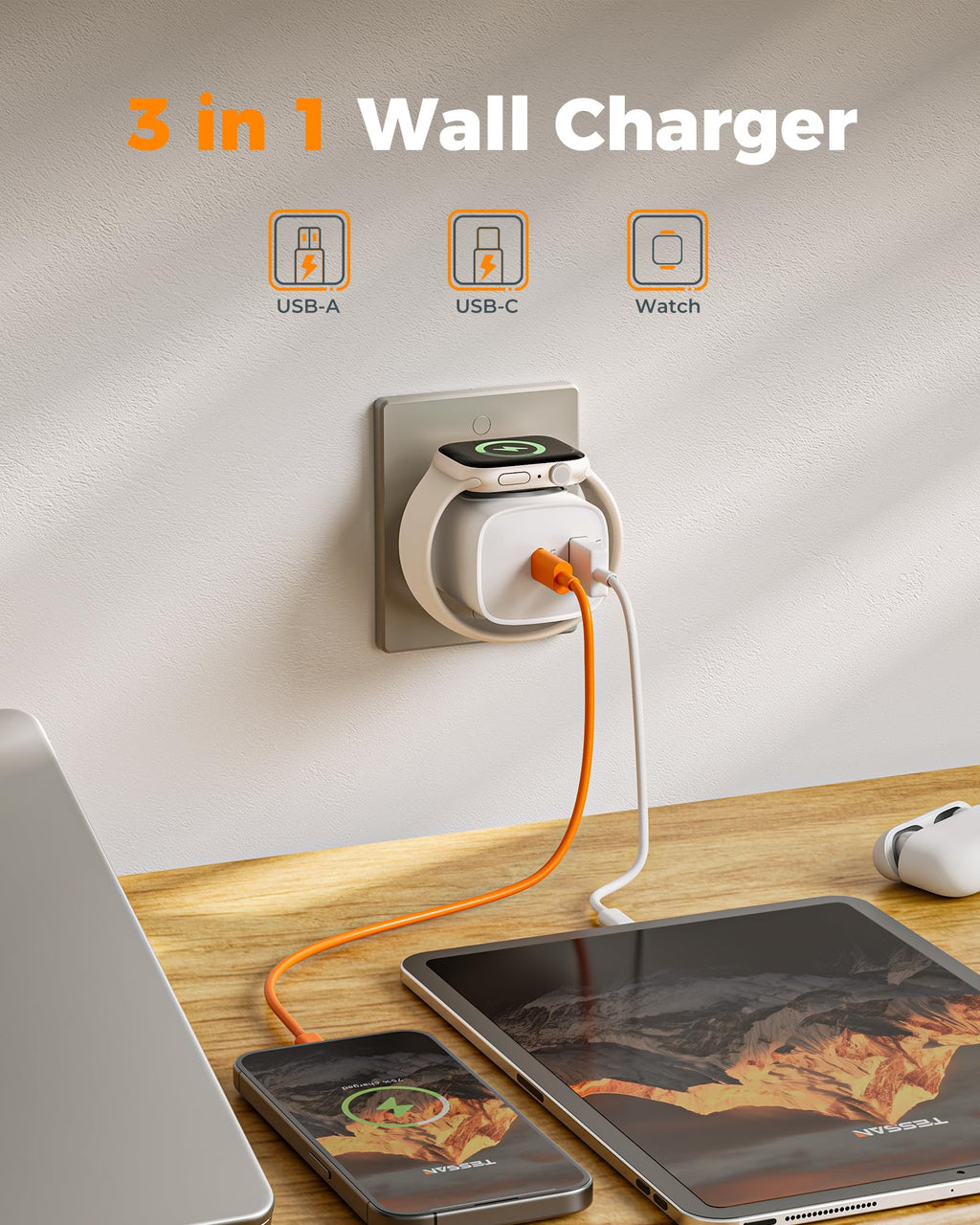 TESSAN Charging Blocks for Apple Watch Charger, USB C Charger Block 3-in-1