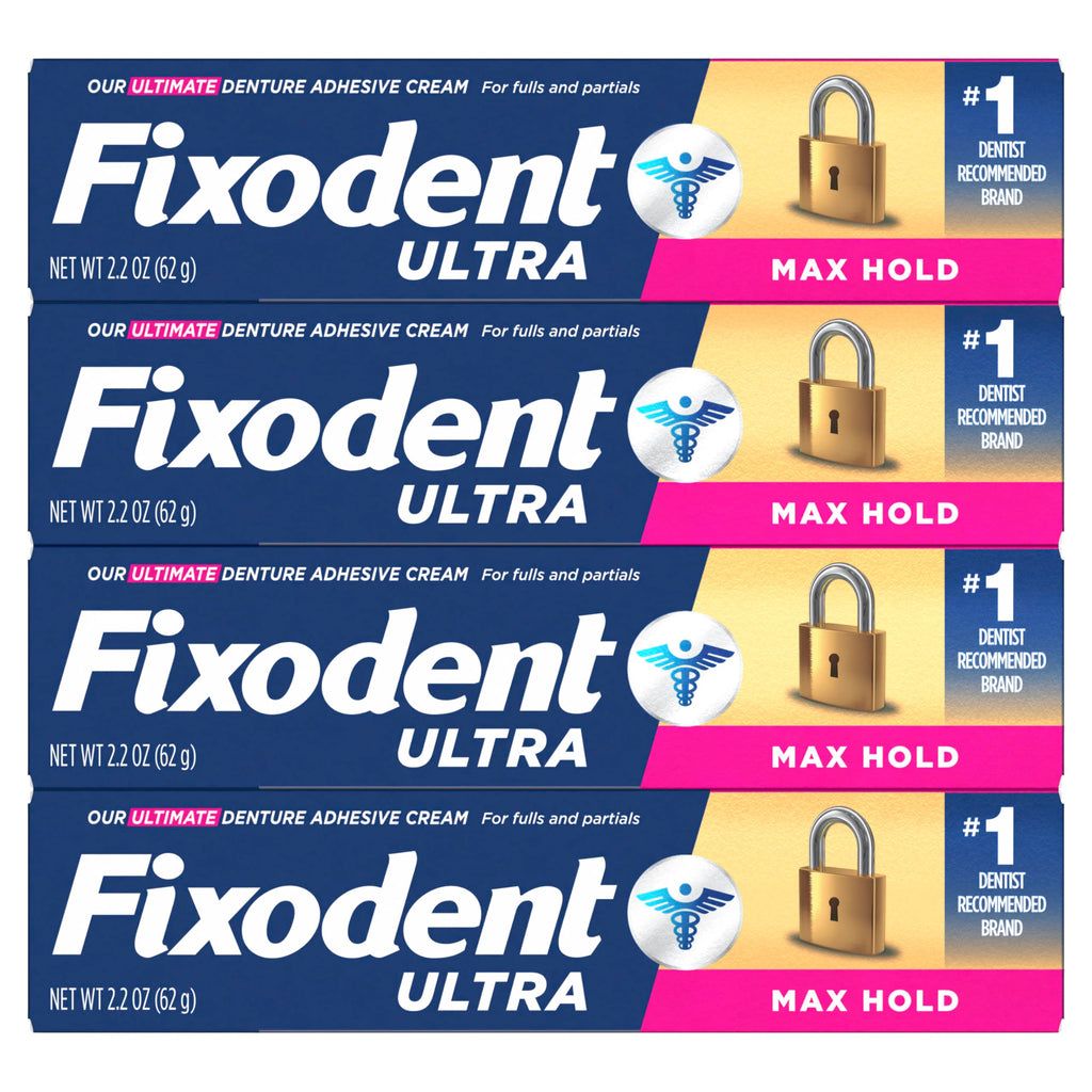 Fixodent Ultra Max Hold Denture Adhesive Cream, 2.2 oz (4-Pack) – Strong False Teeth Glue and Secure Dental Adhesive for Full or Partial Plates, Prevent Food Slipping