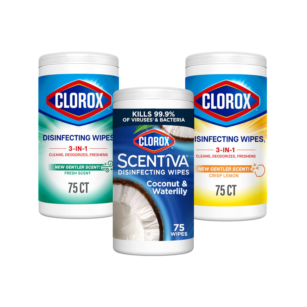 Clorox Disinfecting Cleaning Wipes, Bleach Free, Crisp Lemon, Fresh Scent, Scentiva Coconut and Waterlily, 75 Count Each (Package May Vary)
