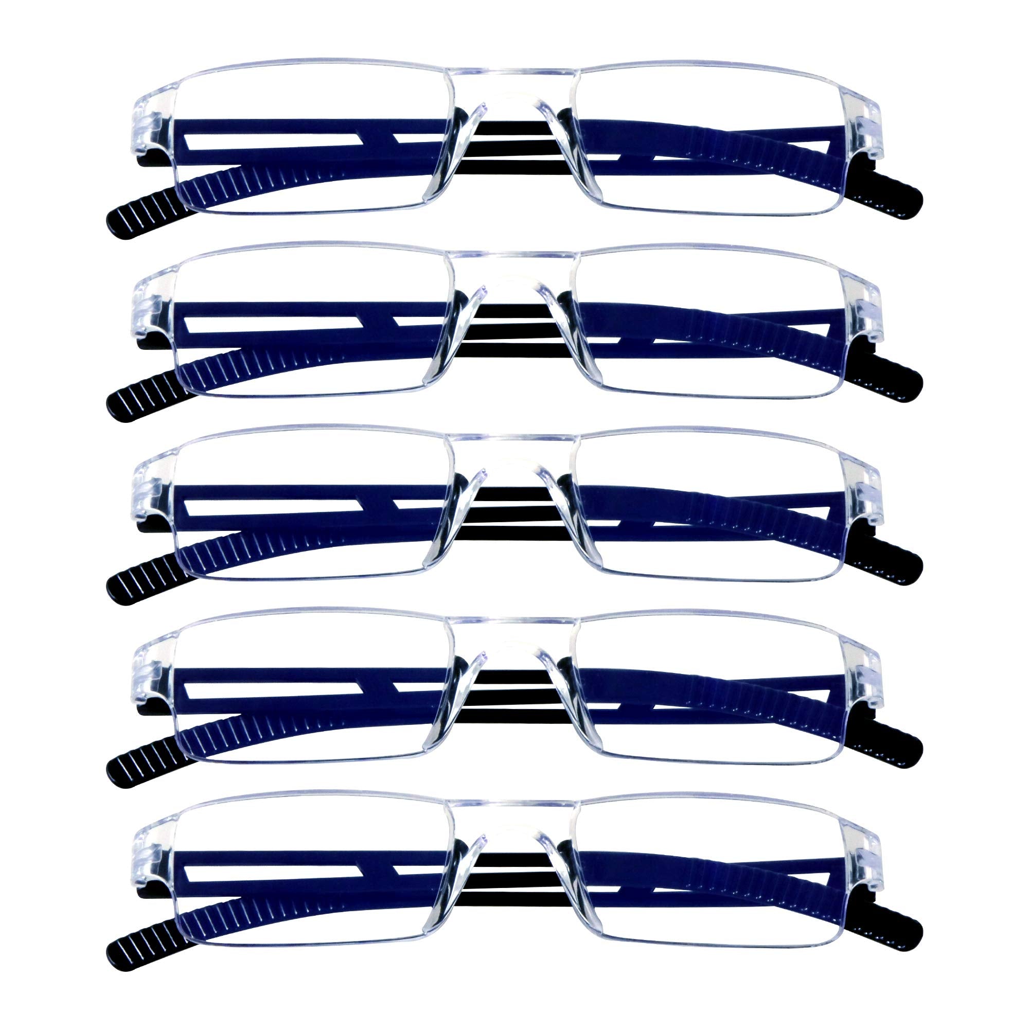 VisionGlobal 5 Pairs Reading Glasses, Blue Light Blocking Glasses, Computer Reading Glasses for Women and Men, Fashion Square Eyewear Frame (Black,+2.50 Magnification)