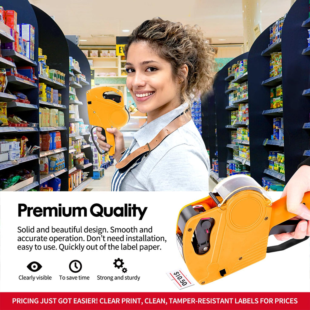 KPX Pricing Tag Gun, 8 Digits, 5150 White Labels, Yellow (Rectangular, Paper, 21*12 mm), One Touch Open System, Incl 3 Inker Rollers