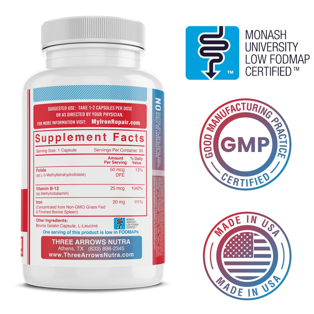 Iron Repair Plus Natural Iron Supplement, Best Absorption Gentle on Stomach, Monash Low FODMAP, Raise Hemoglobin & Ferritin for Women, Teens & Pregnancy Methylated B-12 & Folate, 90 Gelatin Capsules